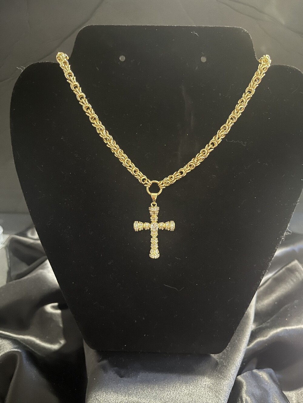 Gold Finished Cross Pendant Necklace with Crystal Accents Center Stone
